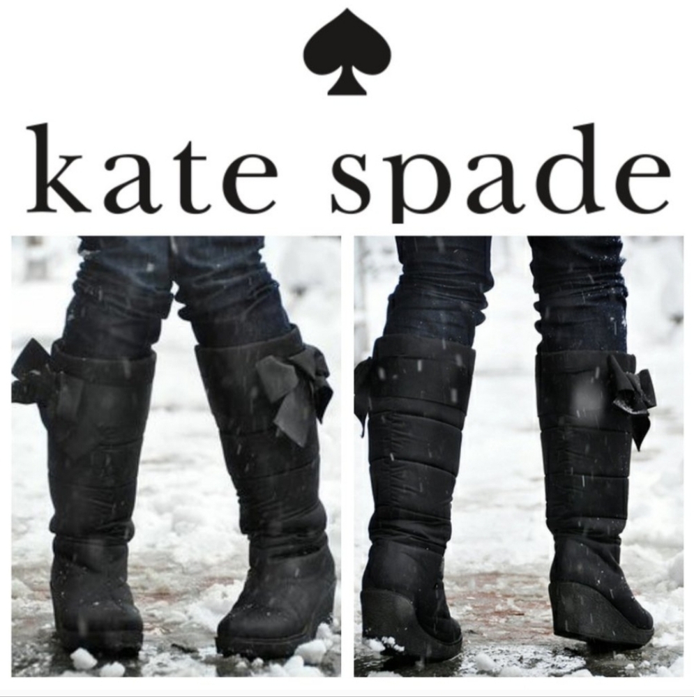 Kate Spade New York Cagney Quilted Bow Wedge Boot Black Satin Women's Size 6‎ M